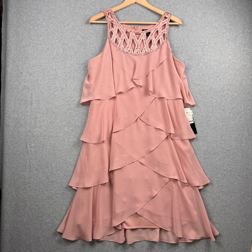 SL Fashions Dress Women 16 Pink Beaded Cut Outs Tulip Tiered Mother of Bride NEW - Picture 1 of 10